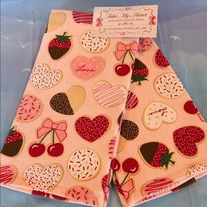 NWT Sweet Heart and Cherry Kitchen Towels Set of 2 Terry on the Reverse